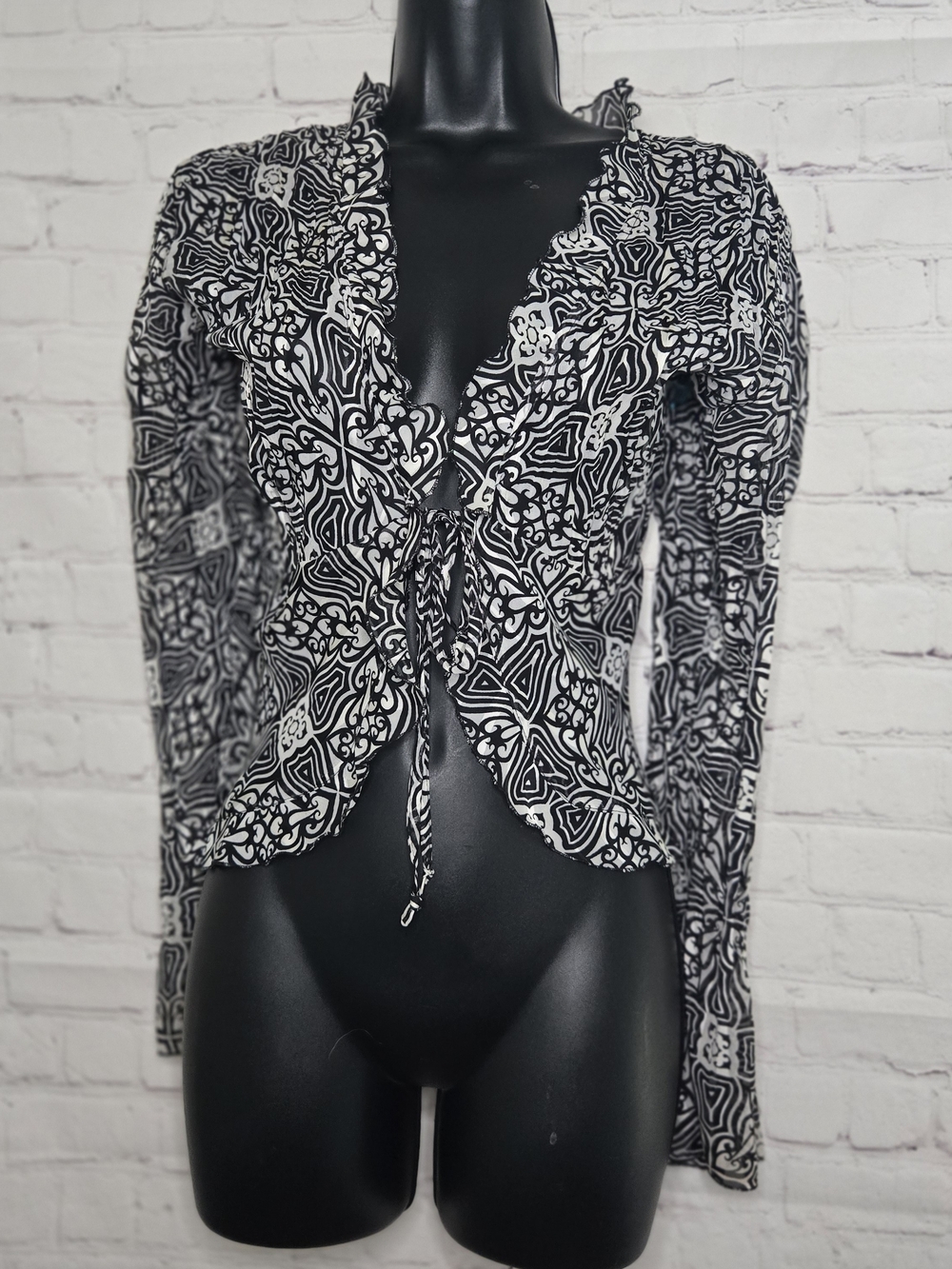 Kim Rogers Y2k abstract print open semi sheer tie front ruffle fairy blouse sz M